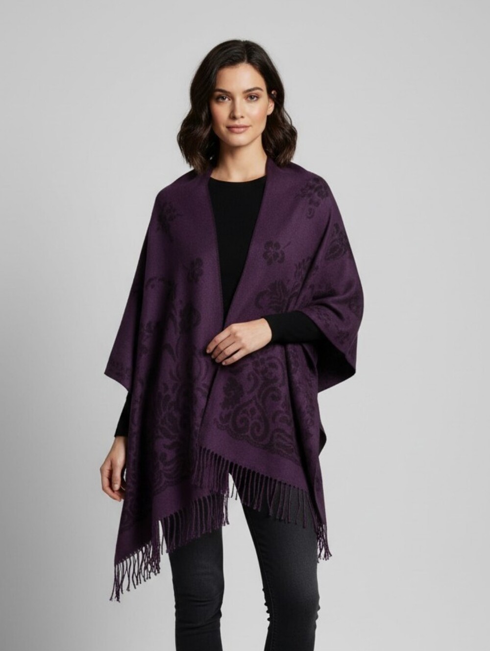 Women's Open-Front Floral Jacquard Fringe Cape - Purple